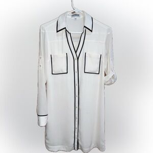 Express Portofino White Button-Up Shirt Dress with Black Piping and Lined